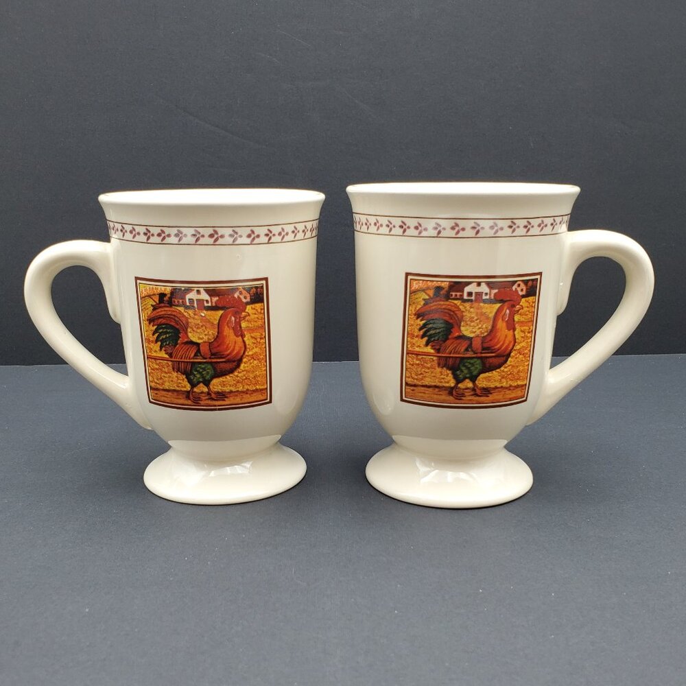 B.I. Inc. Country Rooster Mugs Footed Pedestal Barn Farm Rooster Mugs